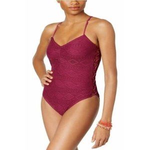 Hula Honey Juniors LARGE Lace Up Sides Crochet One Piece Swim-Suit Wine NWT